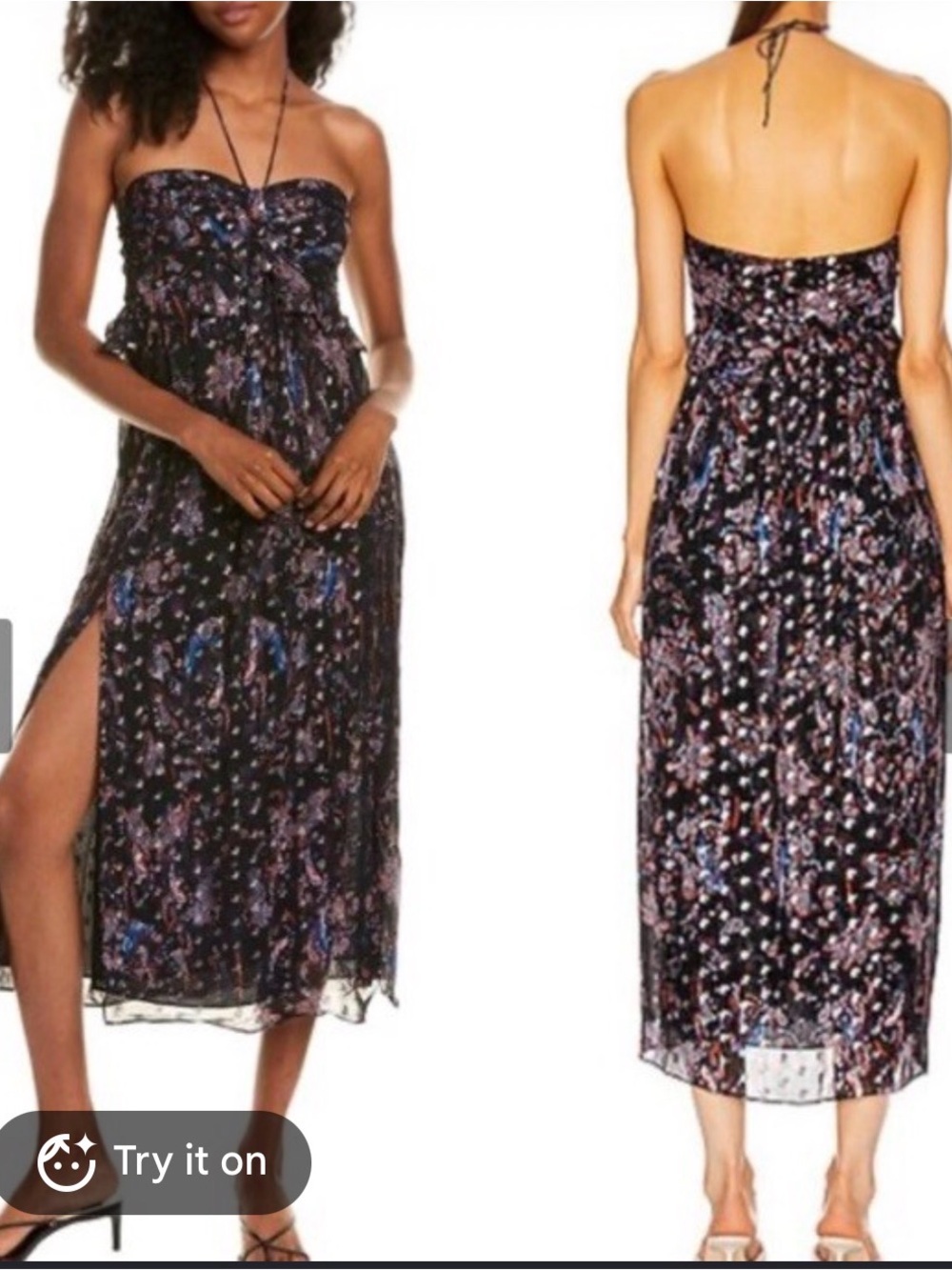 IRO Black Strapless Floral Midi Dress with Subtle Blue & Pink Accents